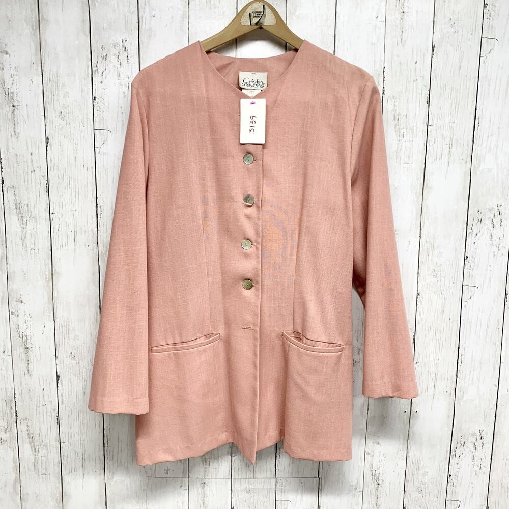Vintage Cristin Stevens Jacket Women Medium Pink Collarless‎ Button Front Blazer